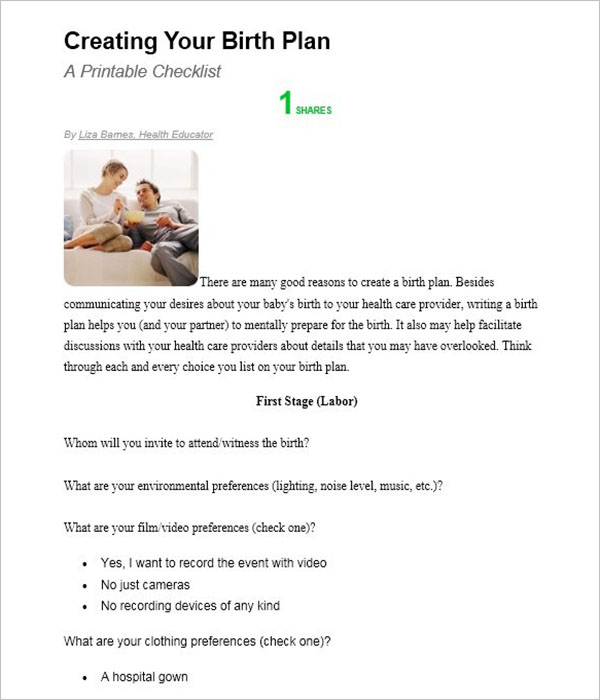 Birth Plan Template Download