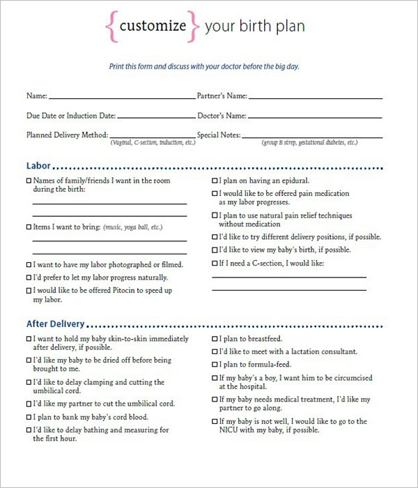 Birth Plan Template Word Document