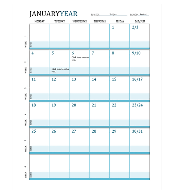 Lesson Plan Calendar Template