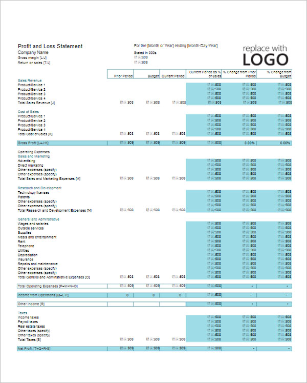 Profit & Loss Statement Template XLS