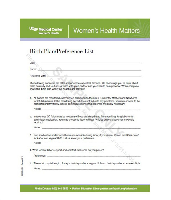 Realistic Birth Plan Template