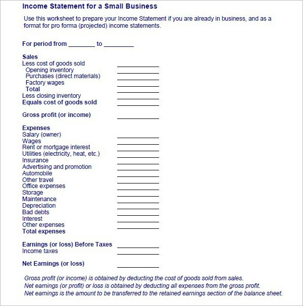 Sample Income Statement For Small Business