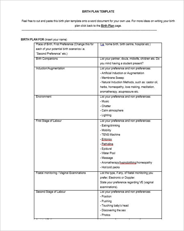 Writing A Birth Plan Template