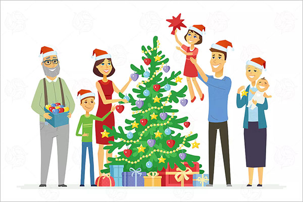 Family Decorates Christmas tree Decorations