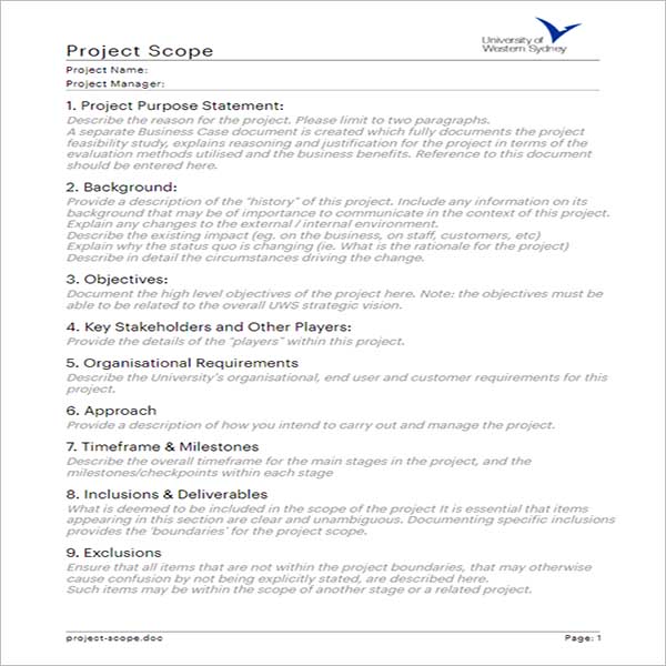 Project Scope Templates - Free Word, Excel, PDF