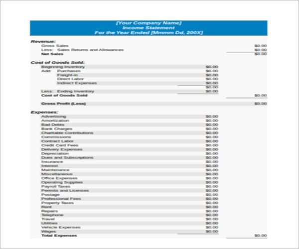 Free Yearly Income Statement Template