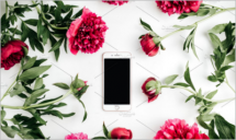 Cell phone in frame of peonies