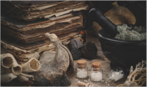 Homeopathic bottles, plants, books